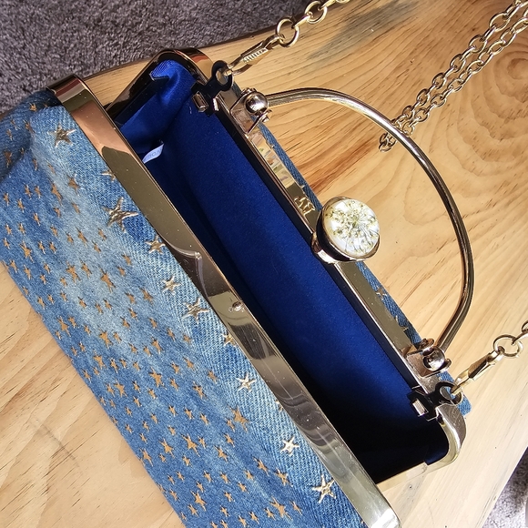 Gold Embossed Star Denim Crossbody Handbag - Picture 5 of 11